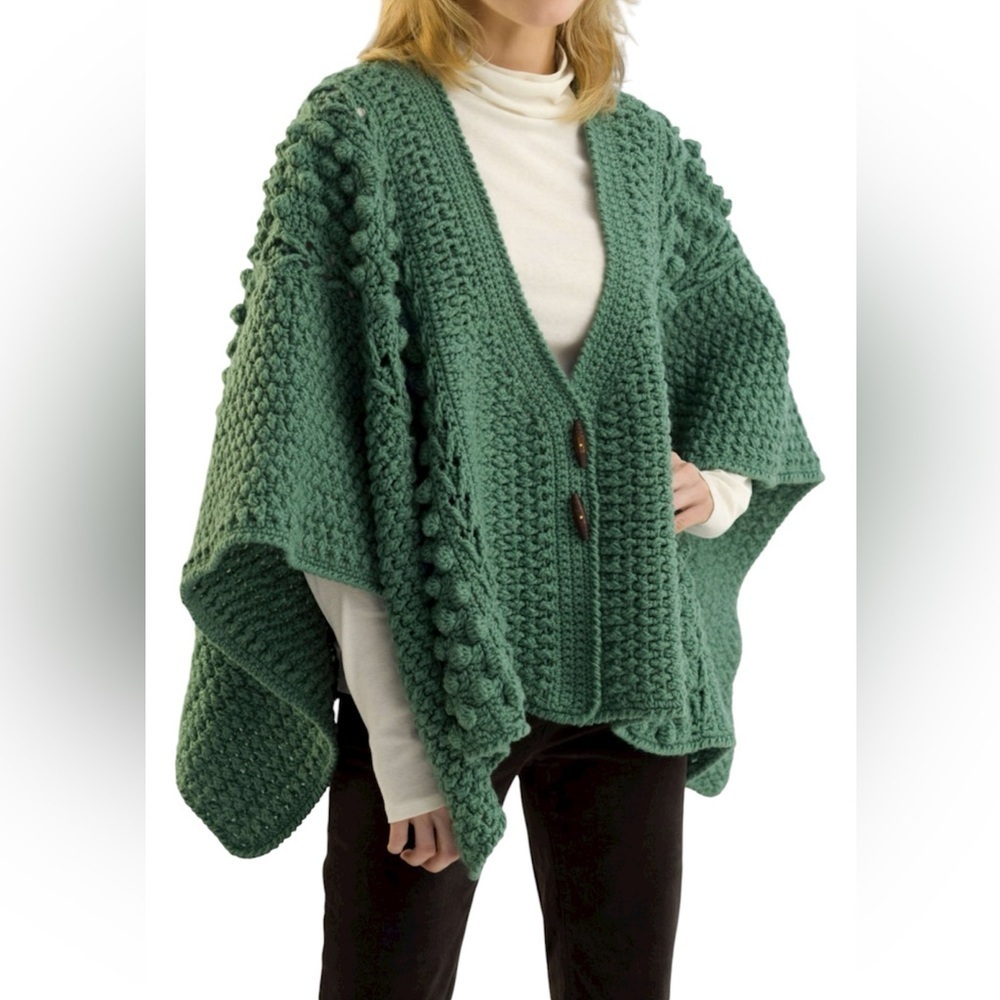 Green Knit Women's Crochet Aran Toggle Wrap Pattern Sweater